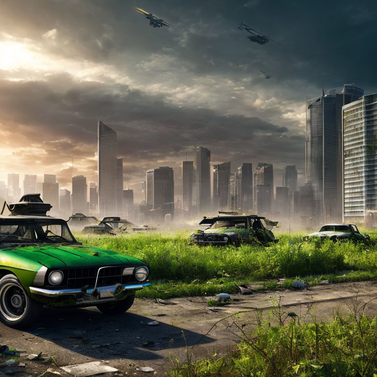 Abandoned cars, decaying buildings in post-apocalyptic cityscape