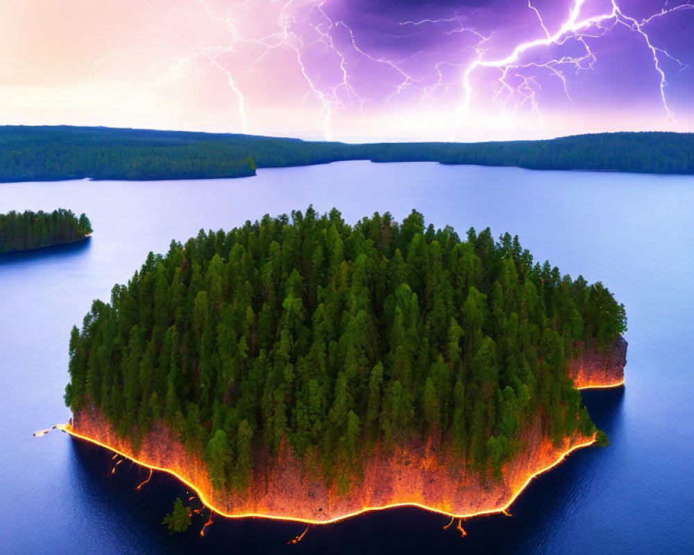 Dense Tree Island Lit by Orange Light at Dusk with Dramatic Lightning Storm