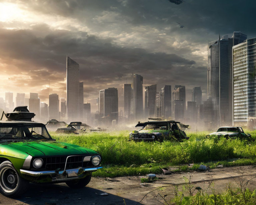 Abandoned cars, decaying buildings in post-apocalyptic cityscape