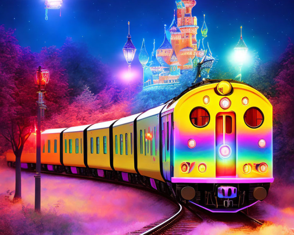 Colorful train illustration on holographic track towards enchanting castle