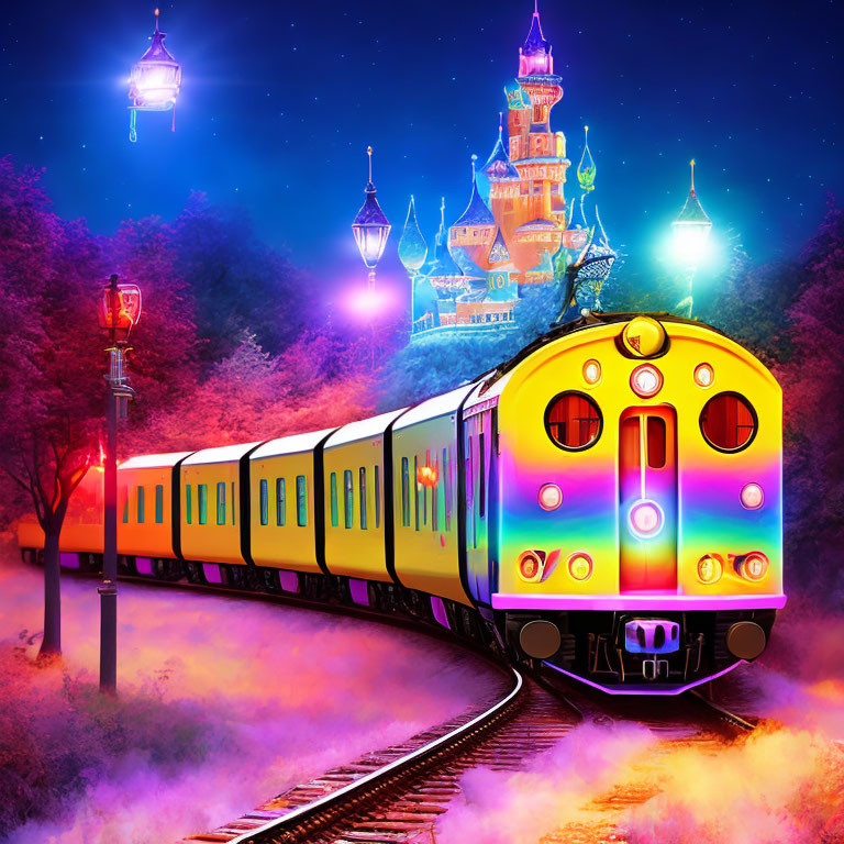 Colorful train illustration on holographic track towards enchanting castle