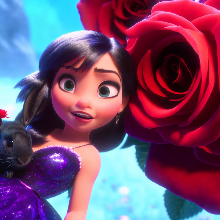 Animated girl in purple dress with black bunny and giant red rose on vibrant blue background