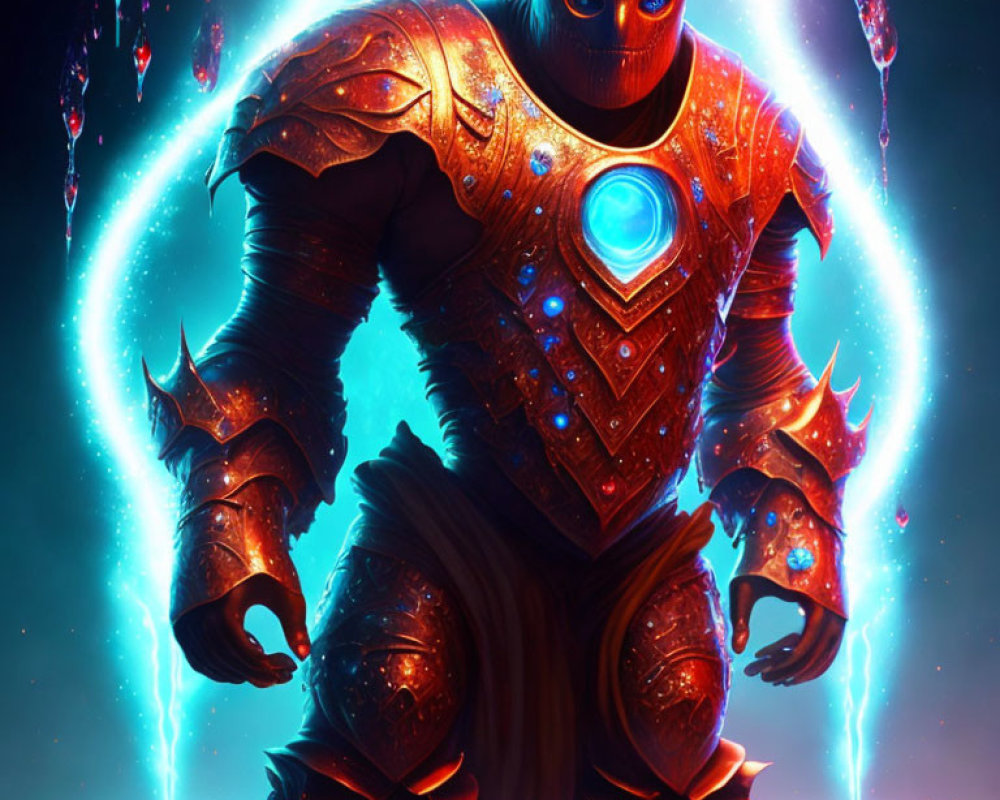 Colorful digital artwork of armored figure with blue accents and energy against dynamic backdrop