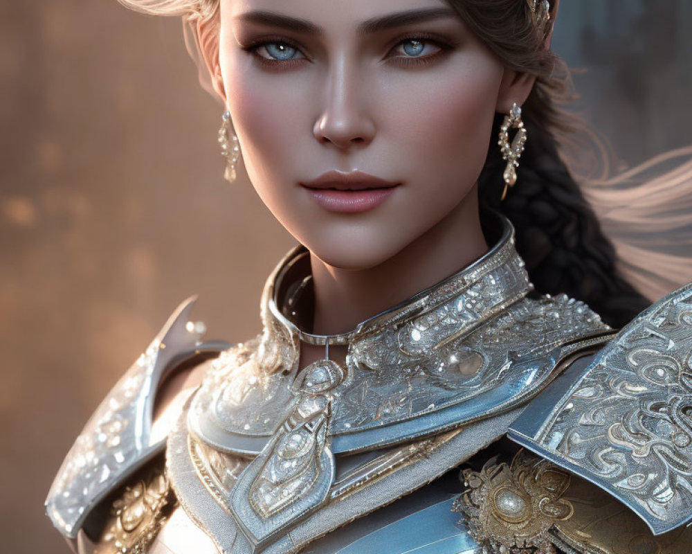 Digital Artwork: Woman in Silver Armor with Blue Eyes