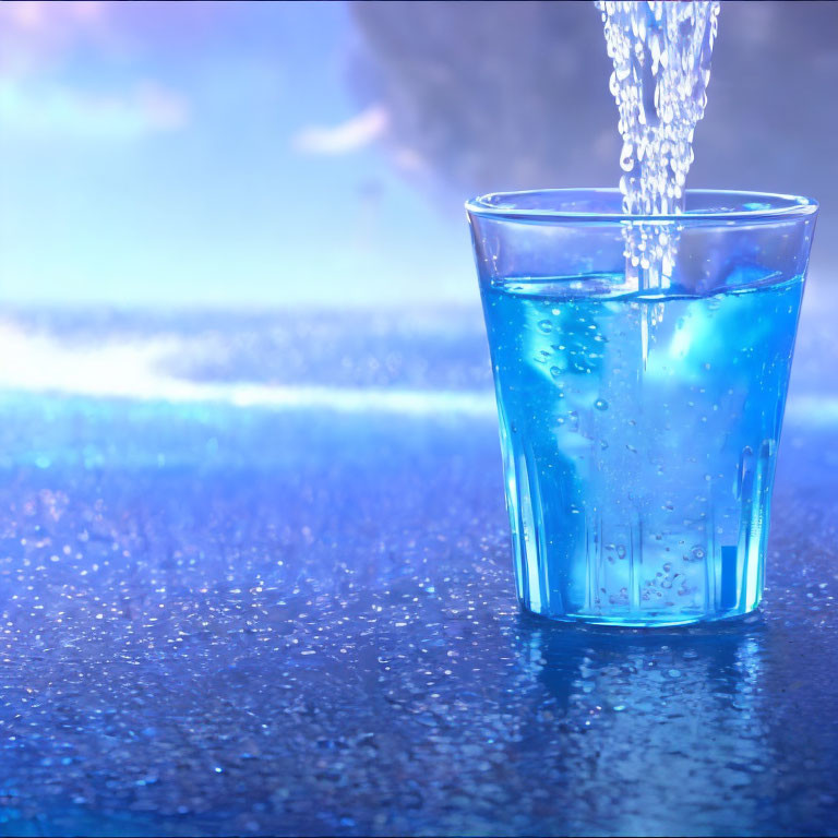 Transparent glass with blue liquid and pouring water creating bubbles on wet surface, blue-lit background