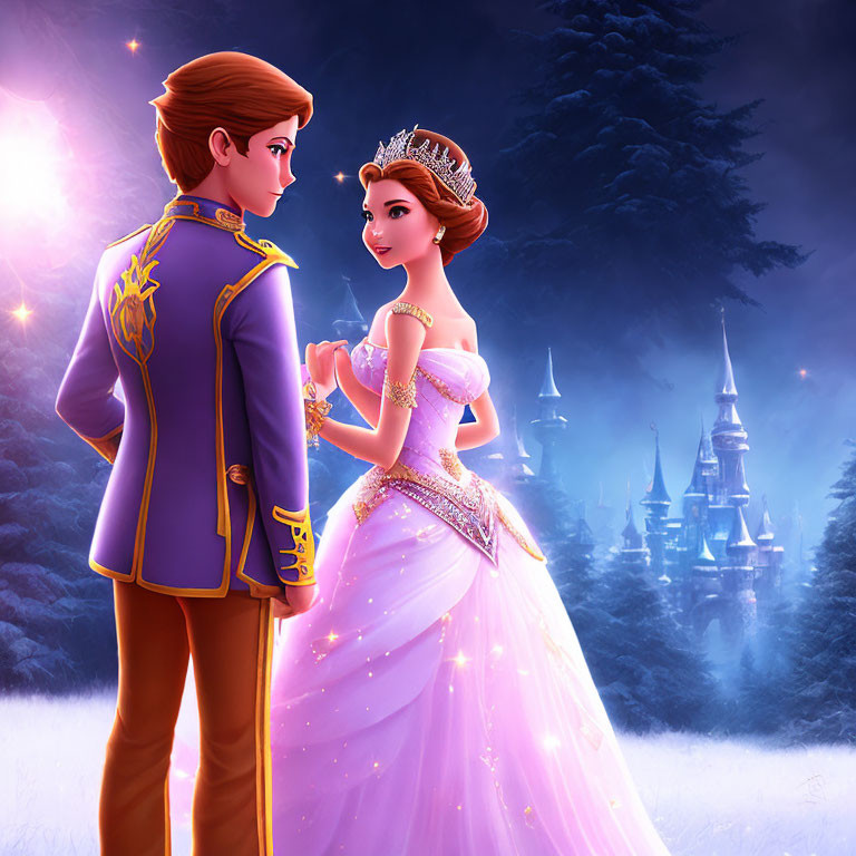 Animated prince and princess in elegant attire share a romantic moment in front of a magical castle in a glowing