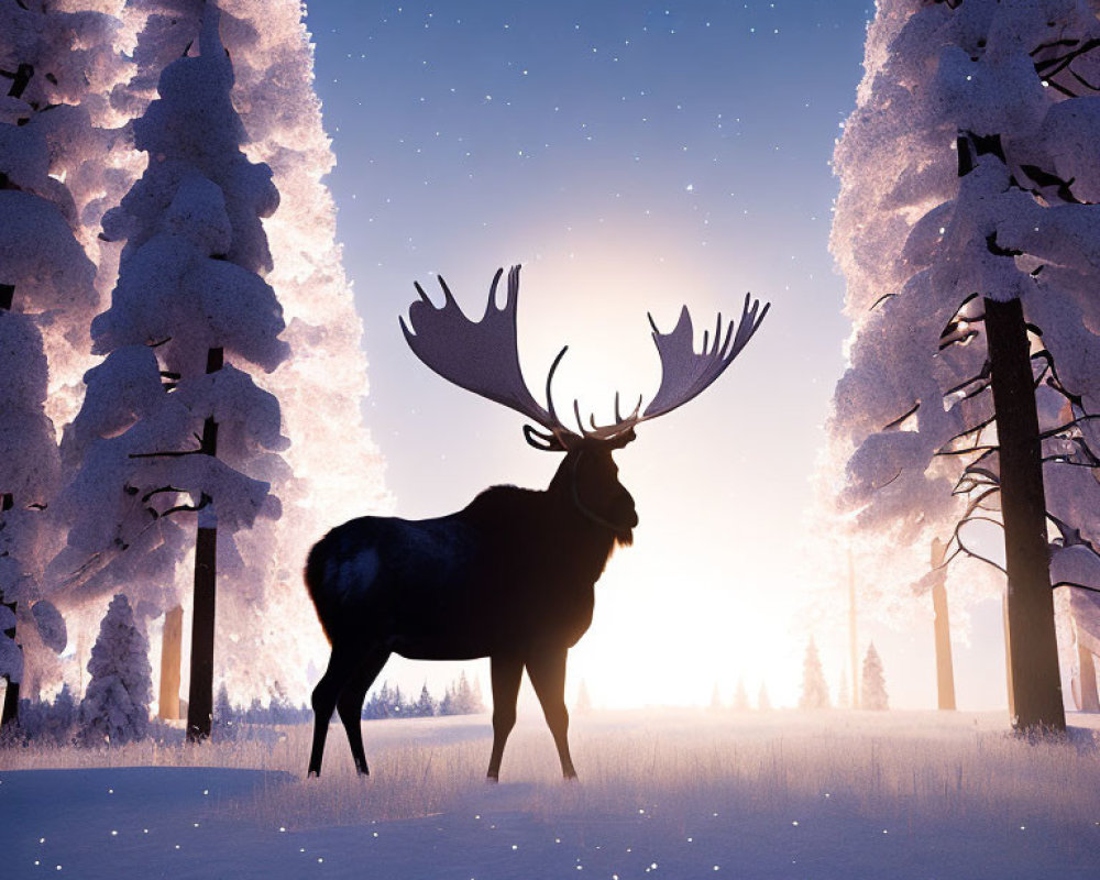 Majestic moose in snowy forest under purple sky at dawn or dusk