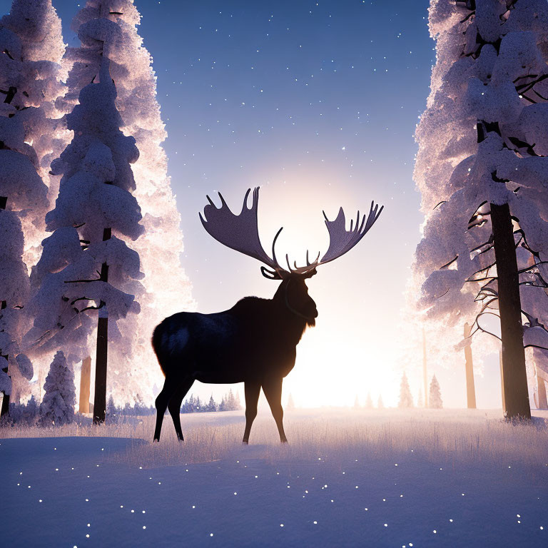 Majestic moose in snowy forest under purple sky at dawn or dusk