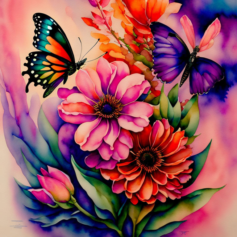 Colorful Watercolor Painting of Flowers and Butterflies in Pink, Orange, and Purple