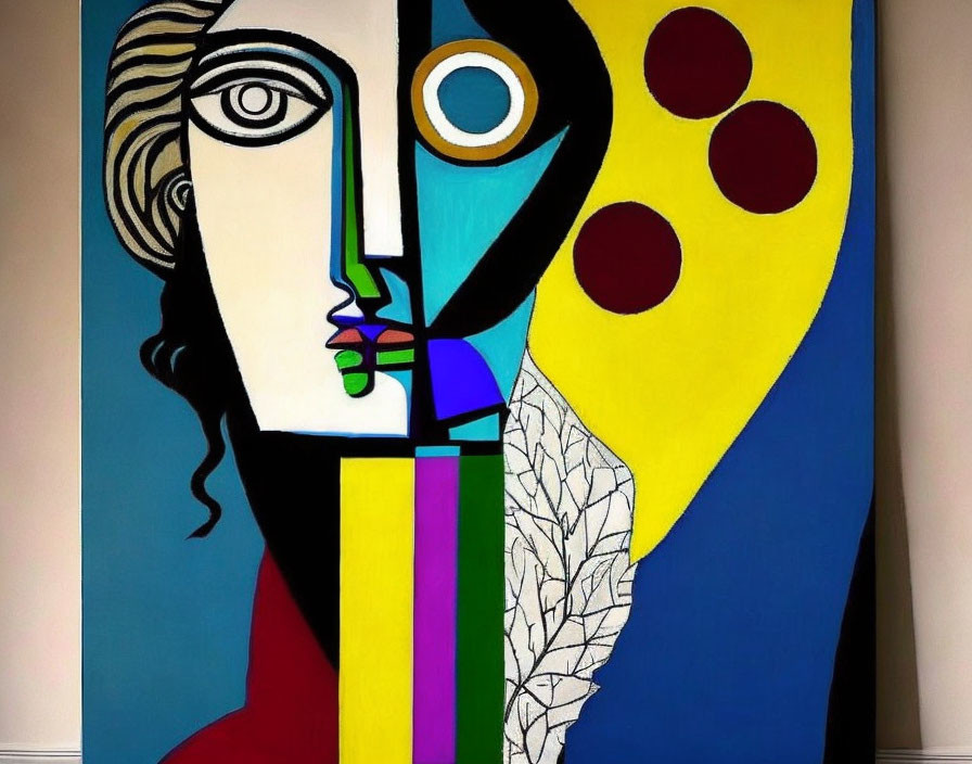 Abstract painting featuring stylized faces, contrasting colors, bold lines, geometric shapes, and organic elements