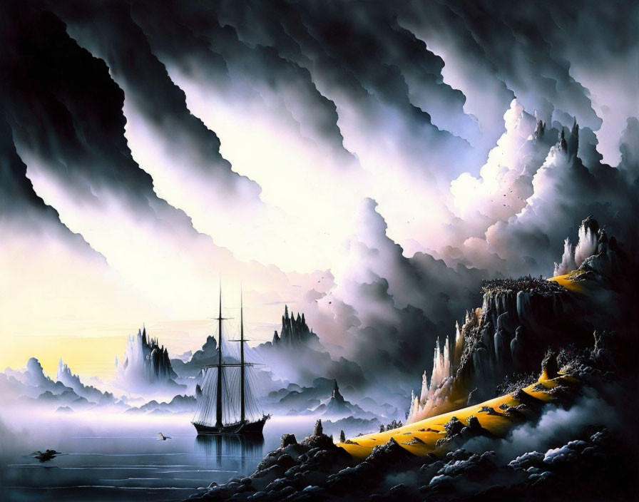 Mystical landscape with sailing ship on calm waters and misty cliffs