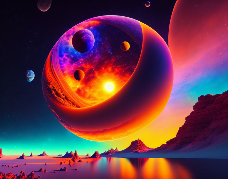 Colorful planets in surreal landscape with reflective water