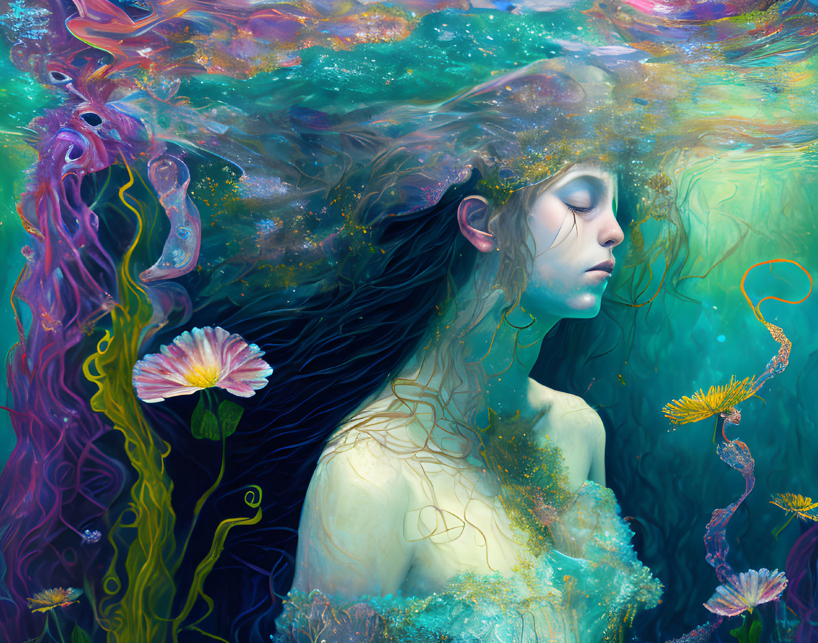 Colorful surreal portrait of woman submerged in water with vibrant marine flora.