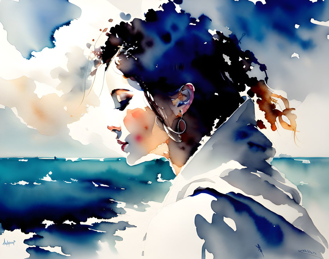 Vibrant blue and white abstract watercolor portrait of a woman profile blending into ocean backdrop