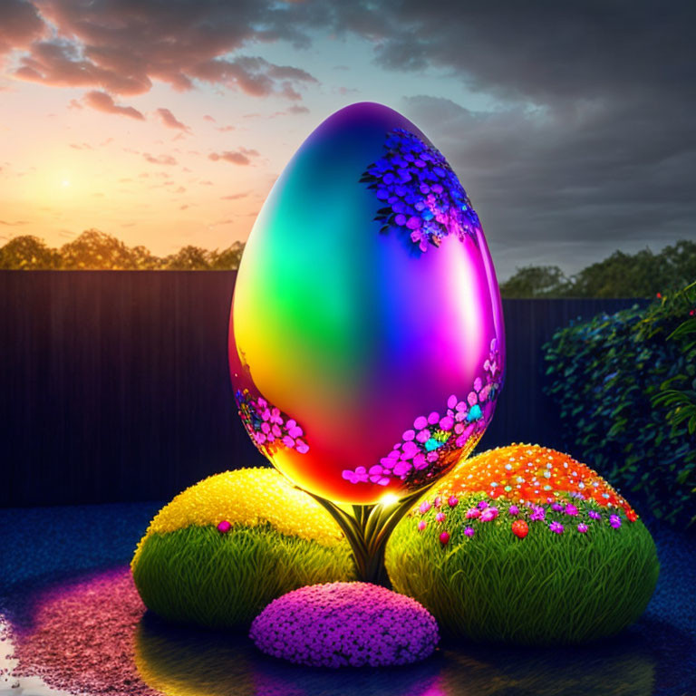 Color-changing Easter egg in garden with sunset skies and decorated eggs