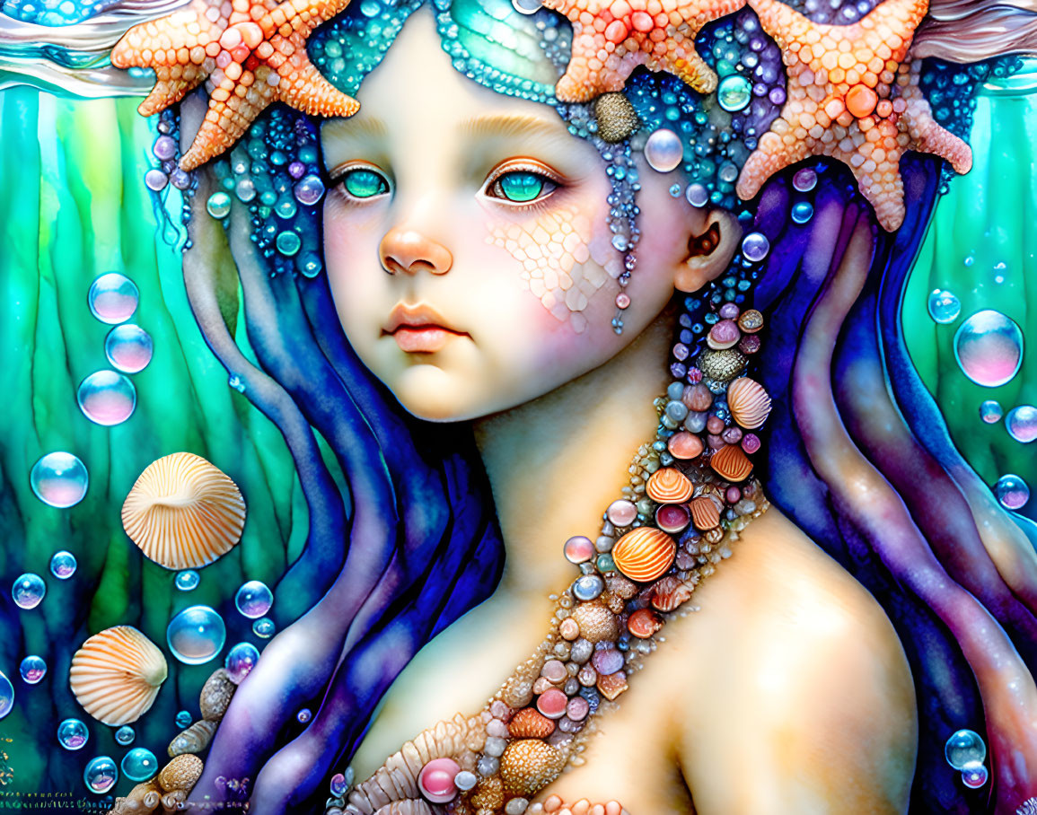 Vibrant fantasy art: young female with ocean motifs, bubbles, and seaweed hair