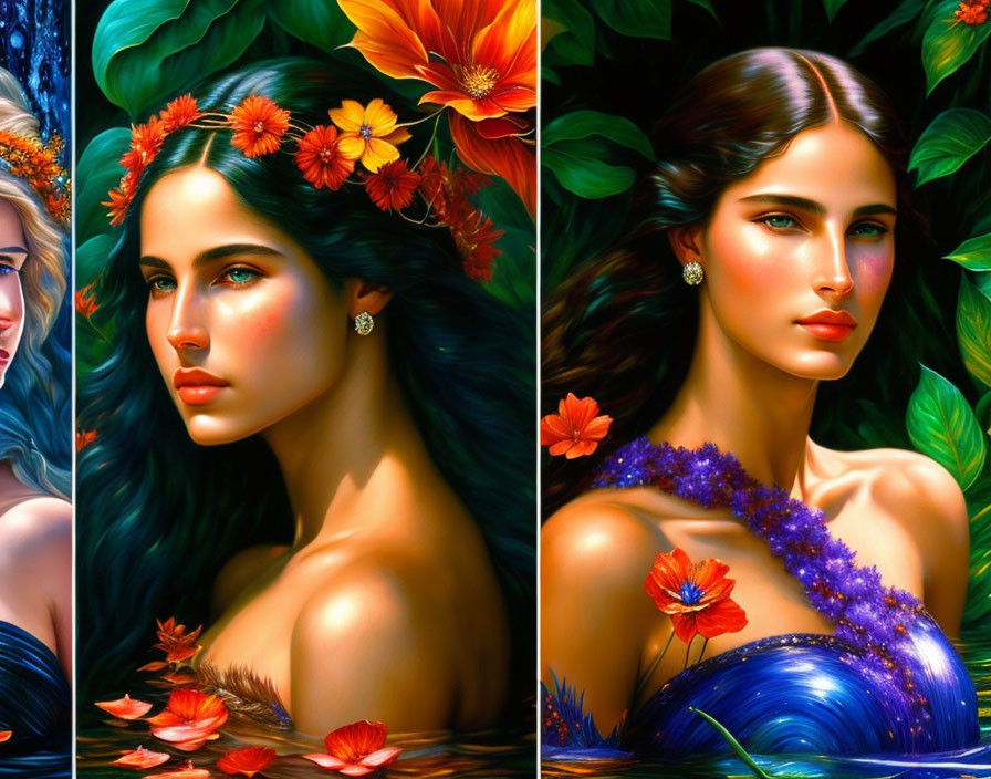 Diptych of Woman with Flowers: Orange and Blue Blooms