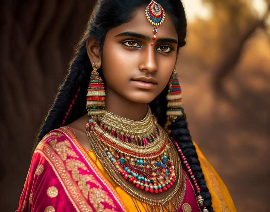 Traditional Indian attire and jewelry on a serene young woman in detailed makeup