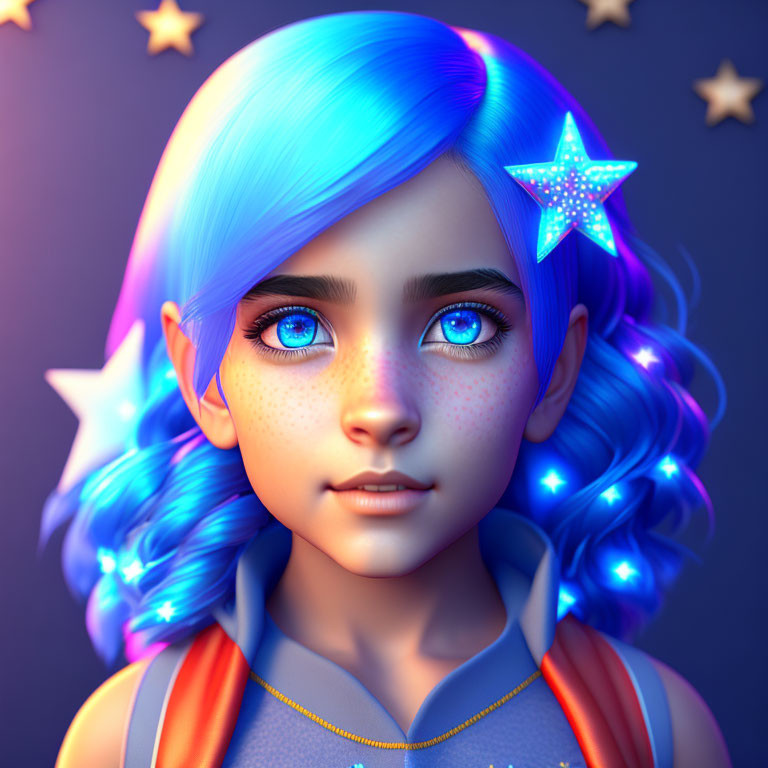 Vivid 3D illustration of girl with blue glowing hair and starry accessories