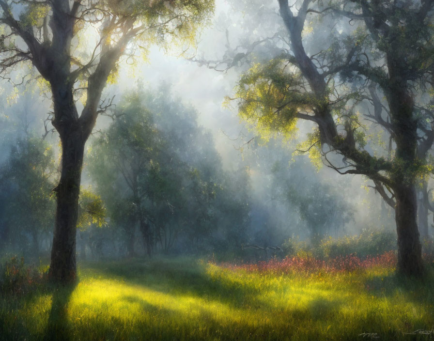 Tranquil forest glade in golden morning light