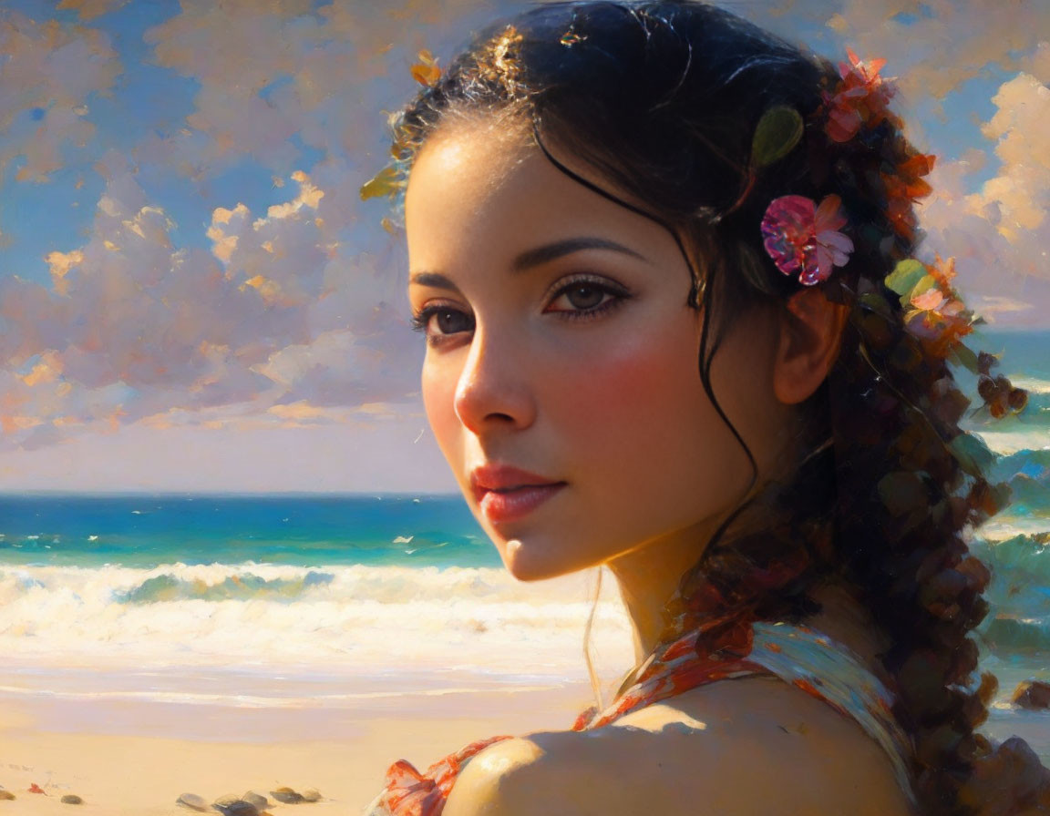 Portrait of woman with flowers in hair, beach and ocean background