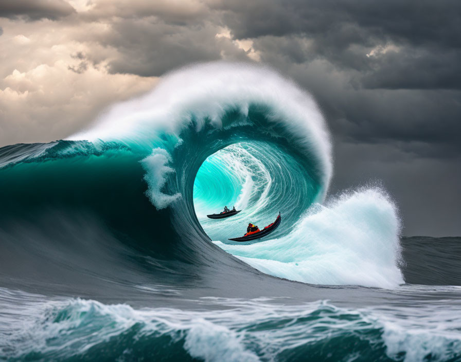 Stormy Sky Frames Ocean Wave Curling Over Small Boats