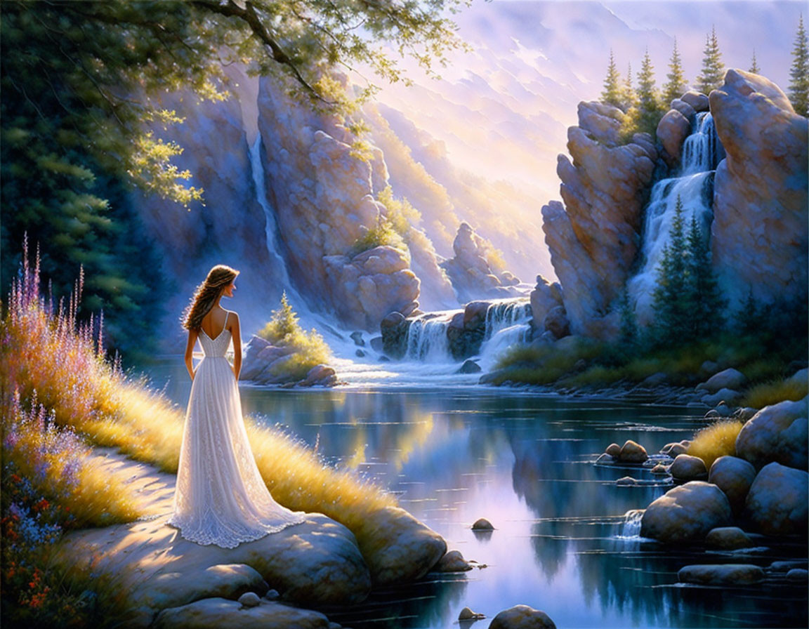 Woman in white dress by serene river with waterfall and pine trees