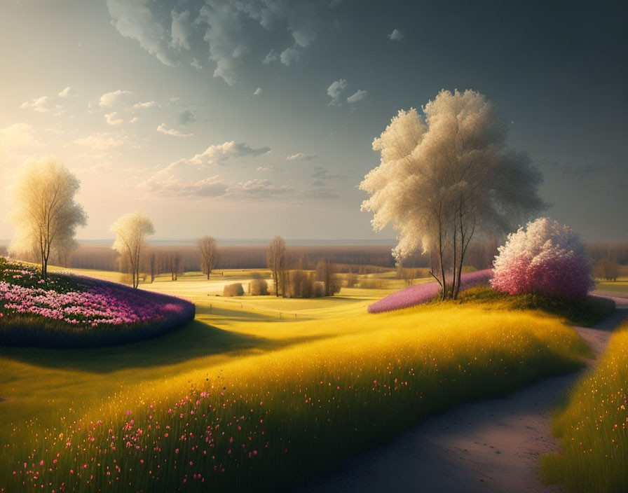 Tranquil landscape: winding path, colorful fields, lush trees, golden sunrise