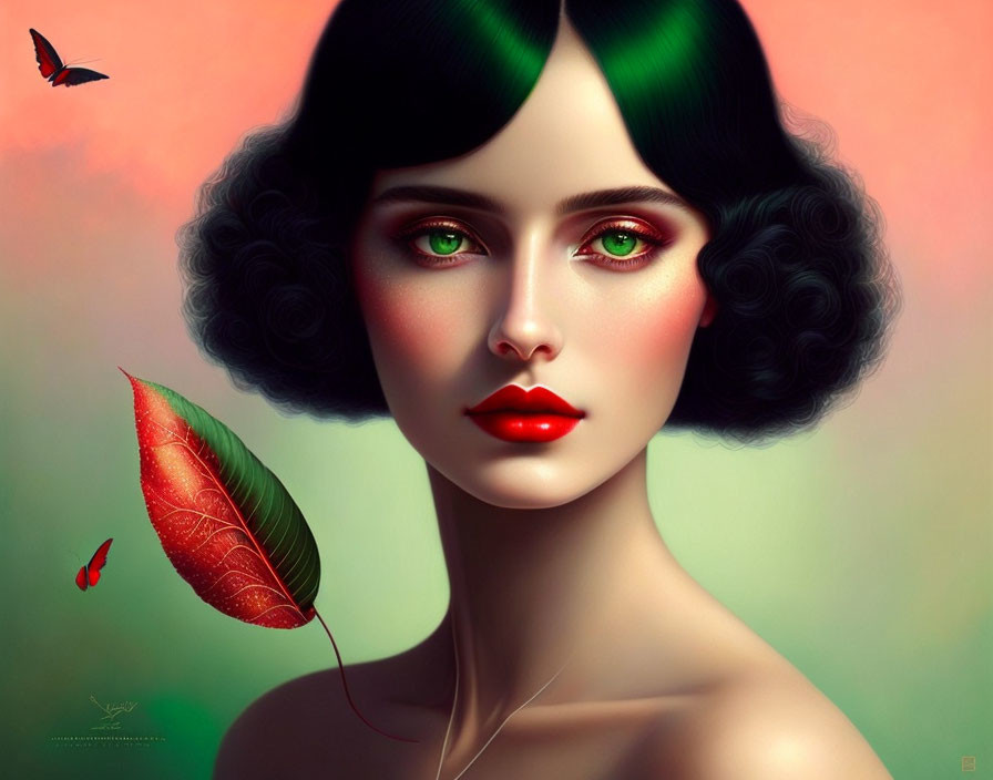 Digital illustration of woman with red lips and green eyeshadow, black hair, red leaf, and