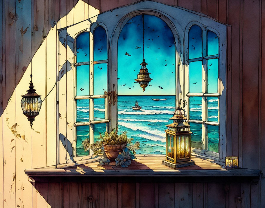 Wooden window overlooking serene seascape with lamp post, sailing ships, and birds in golden sunset.