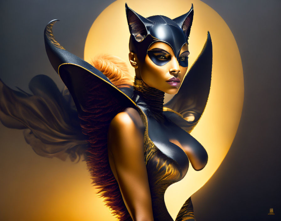 Stylized portrait of person in sleek cat costume with golden mask