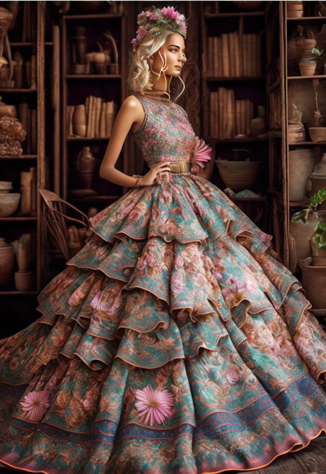 Woman in floral gown and crown in room with bookshelves