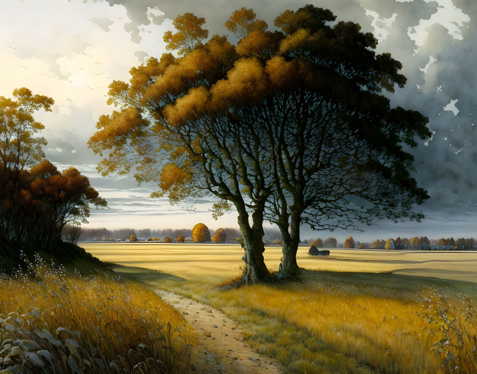 Serene sunset pastoral landscape with tree, golden field, and distant treeline