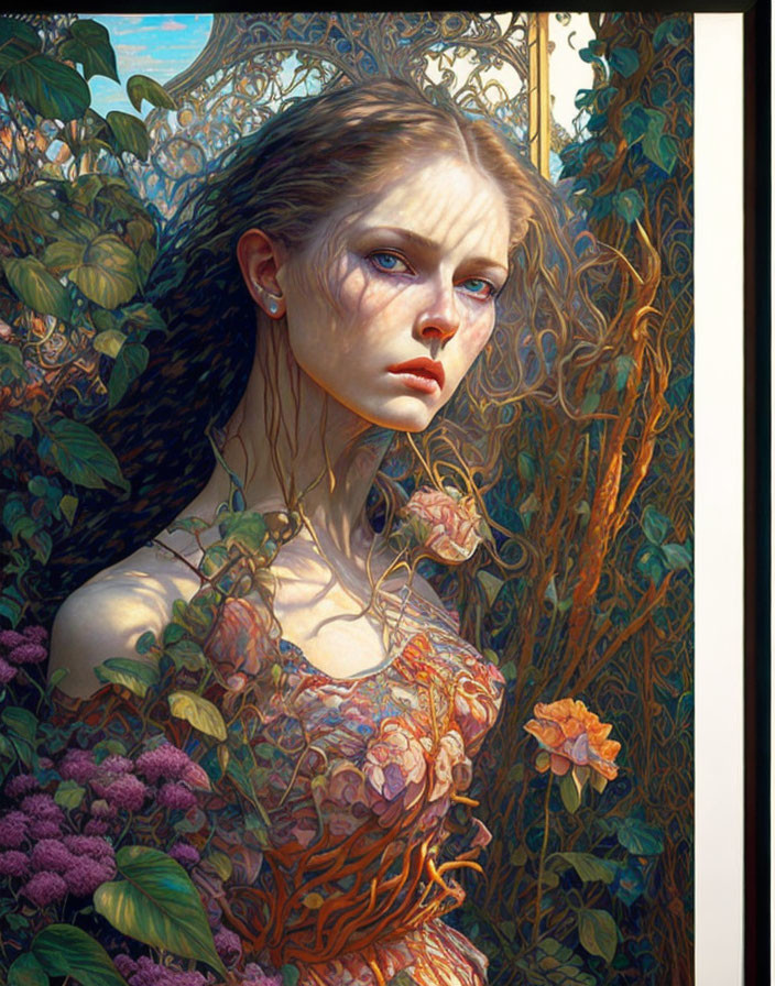 Detailed painting of woman in lush foliage and flowers with thoughtful expression.