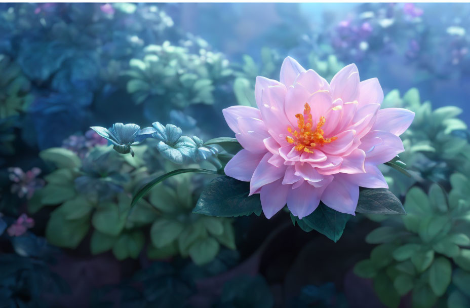 Pink Lotus Flower Blooming in Mystical Blue Foliage