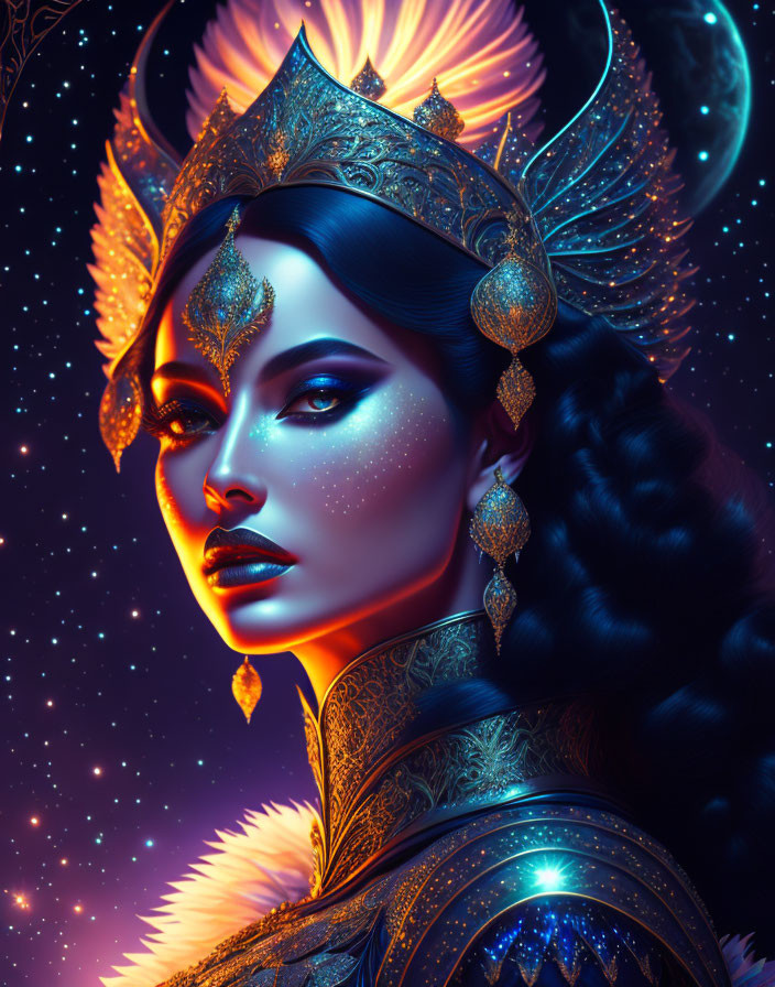 Vividly colored digital artwork of regal woman with ornate crown and jewelry against cosmic background.