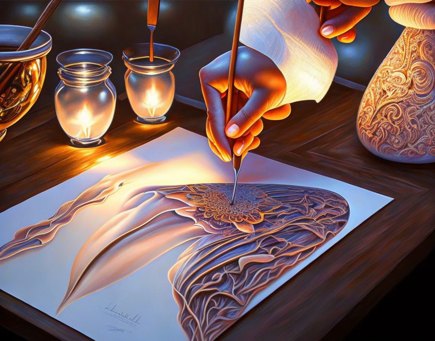 Hand painting intricate feather drawing with candles on wooden desk