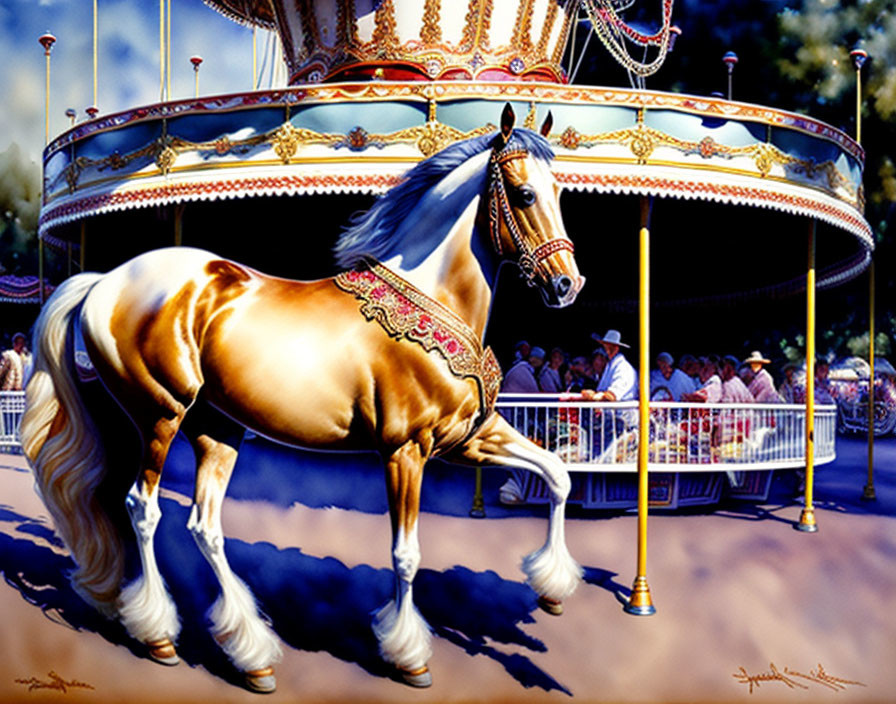 Majestic palomino horse at carousel with crowd watching