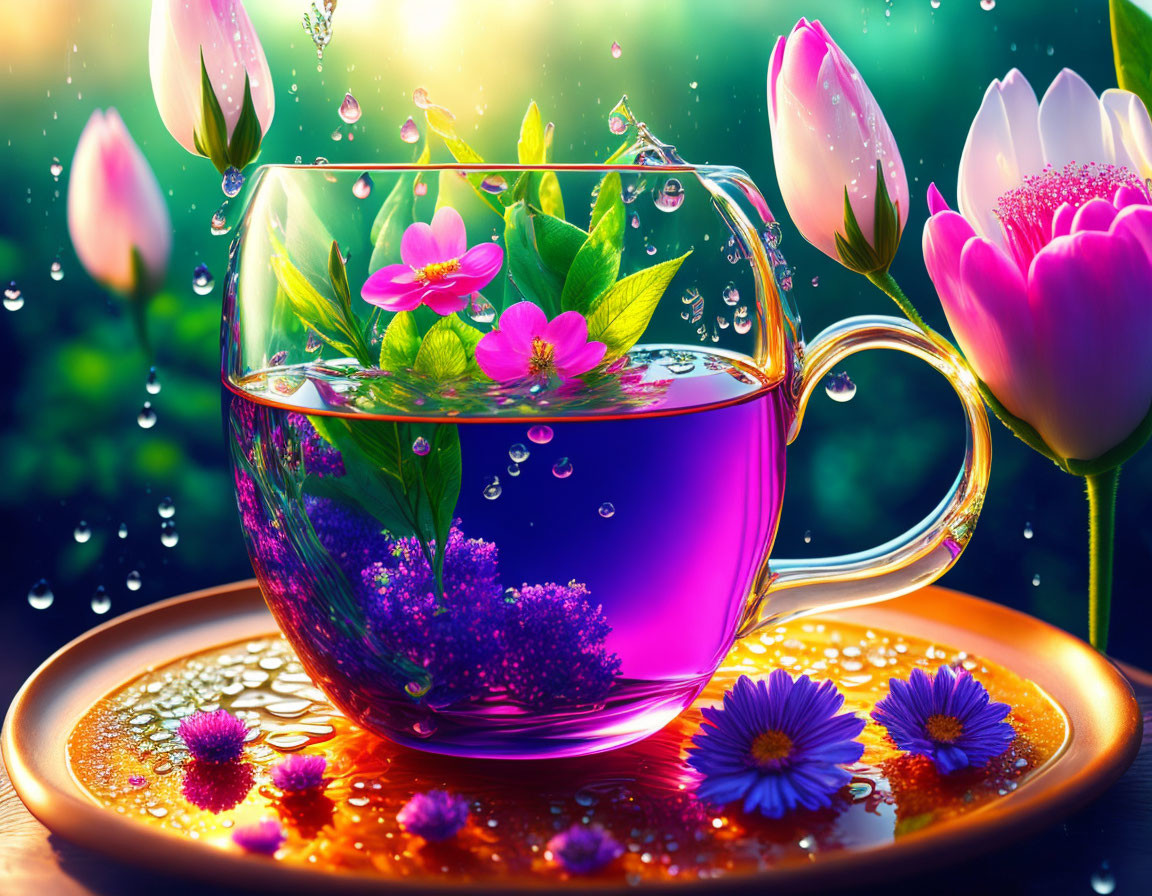 Colorful image of transparent tea cup with purple liquid and blooming flowers, plate with water droplets