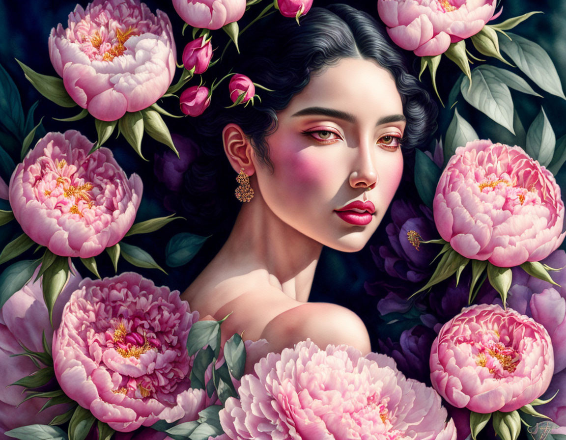 Portrait of Woman with Dark Hair and Pink Peonies