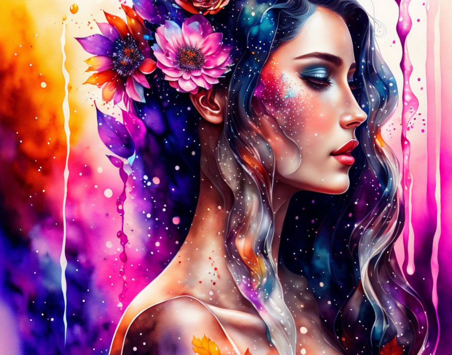 Vibrant artistic illustration of a woman with floral hair, colorful splattered paint.