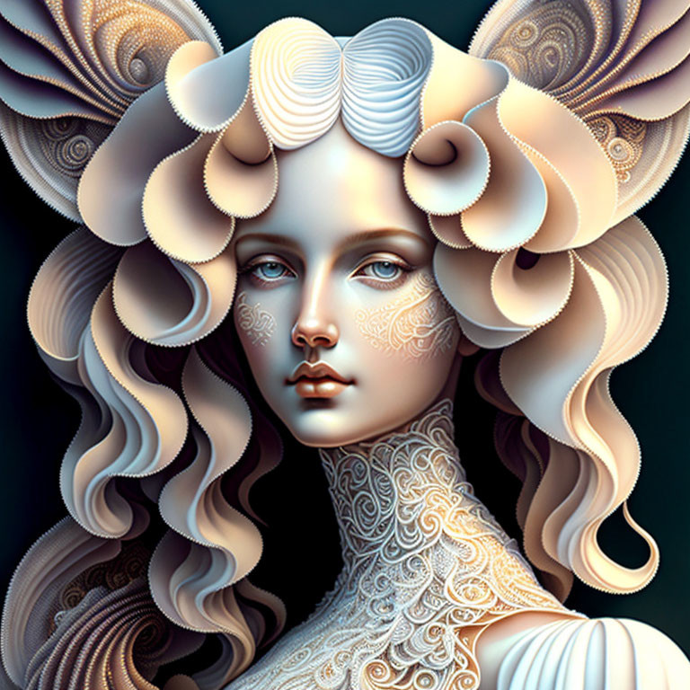 Intricate digital artwork of woman with stylized hair and decorative patterns