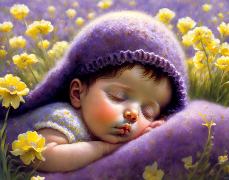 Baby sleeping in yellow flower field with purple blanket and knitted cap
