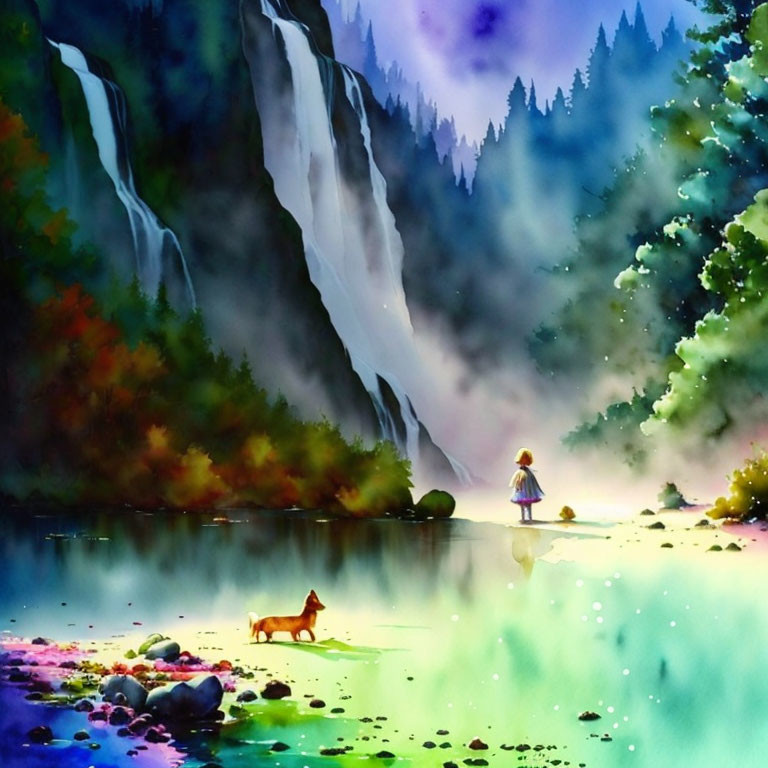 Girl and dog by reflective lake near towering waterfalls in watercolor illustration