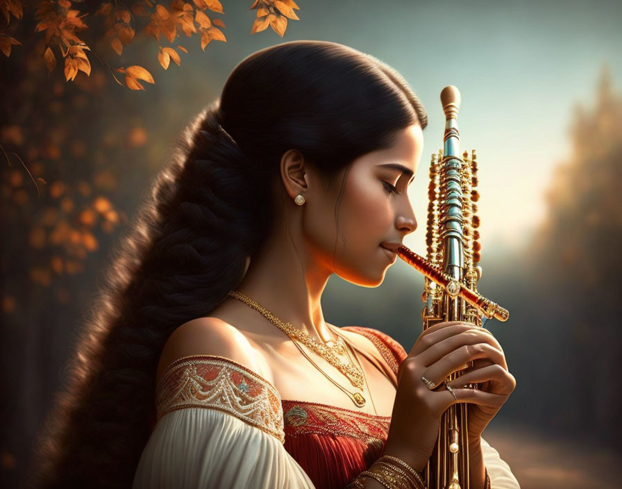 Woman playing golden flute in traditional attire with autumn leaves.