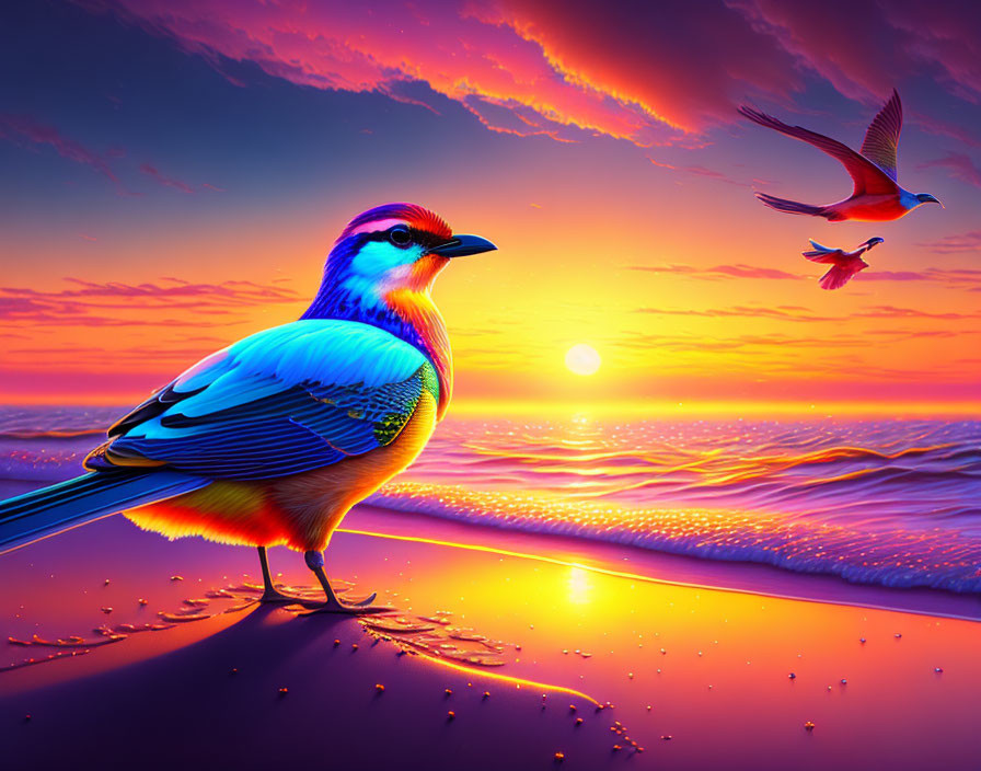 Colorful kingfisher bird on beach at sunset with flying bird in background