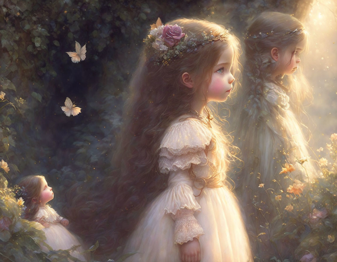 Young girl in flowing dress surrounded by blooming flowers and butterflies, with ethereal versions fading into light