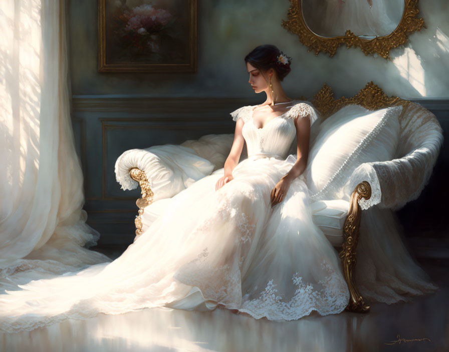 Woman in white wedding dress sitting on chaise lounge in luxurious room.