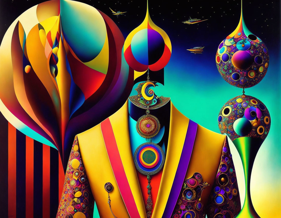 Colorful surreal artwork: figure in patterned outfit with cosmic shapes.