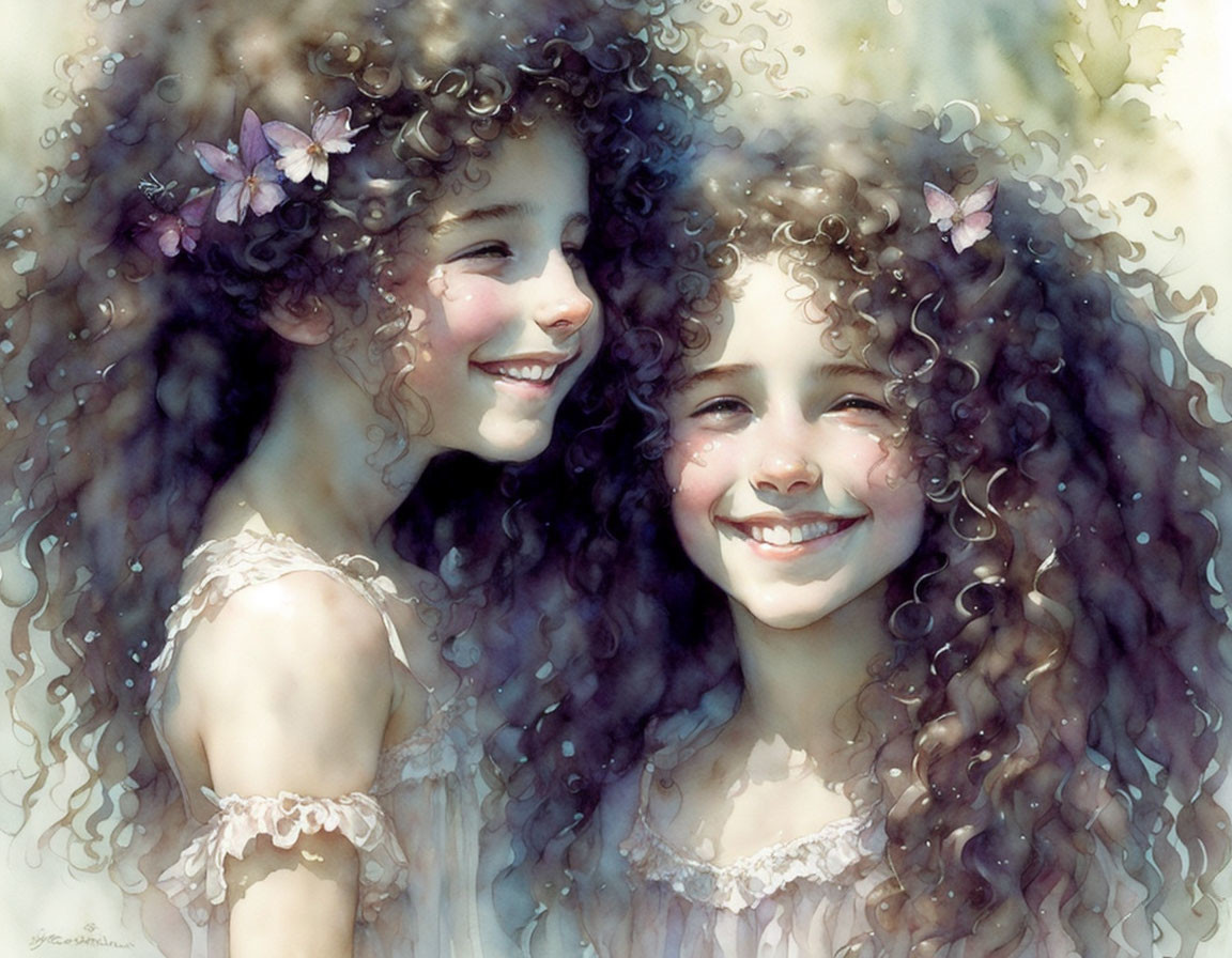 Two smiling girls with curly hair and butterflies, in dreamlike watercolor.